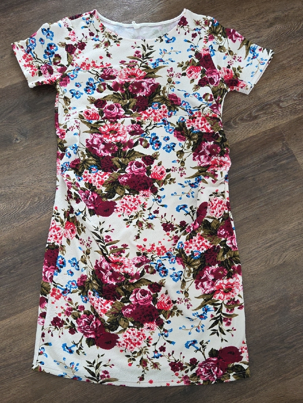 Floral Short Sleeve Sheath Dress - Cream with Pink Floral